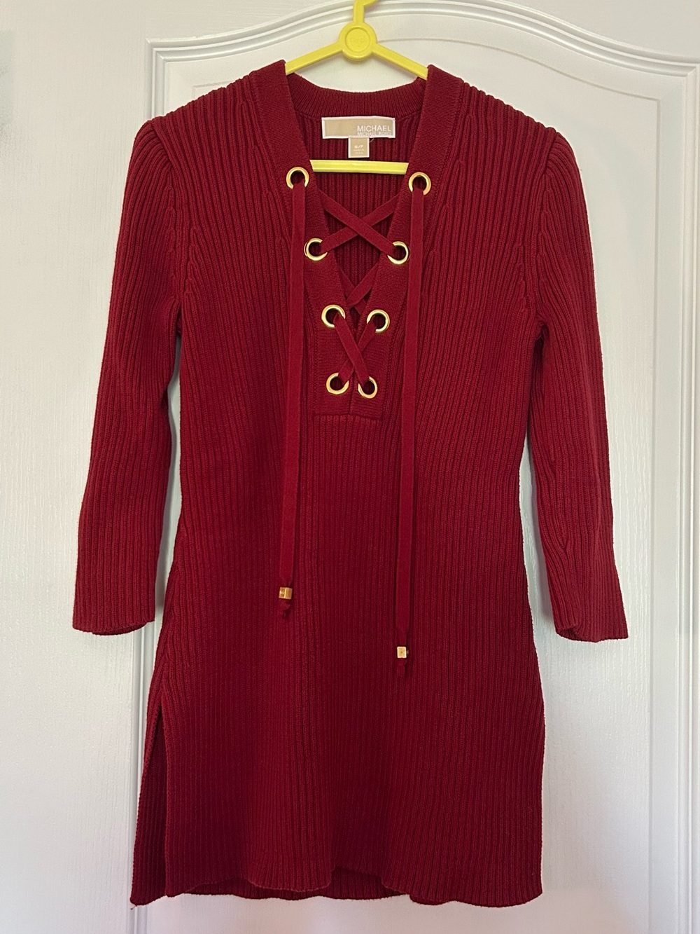 Michael Kors Wine Ribbed Lace-Up Knit Sweater